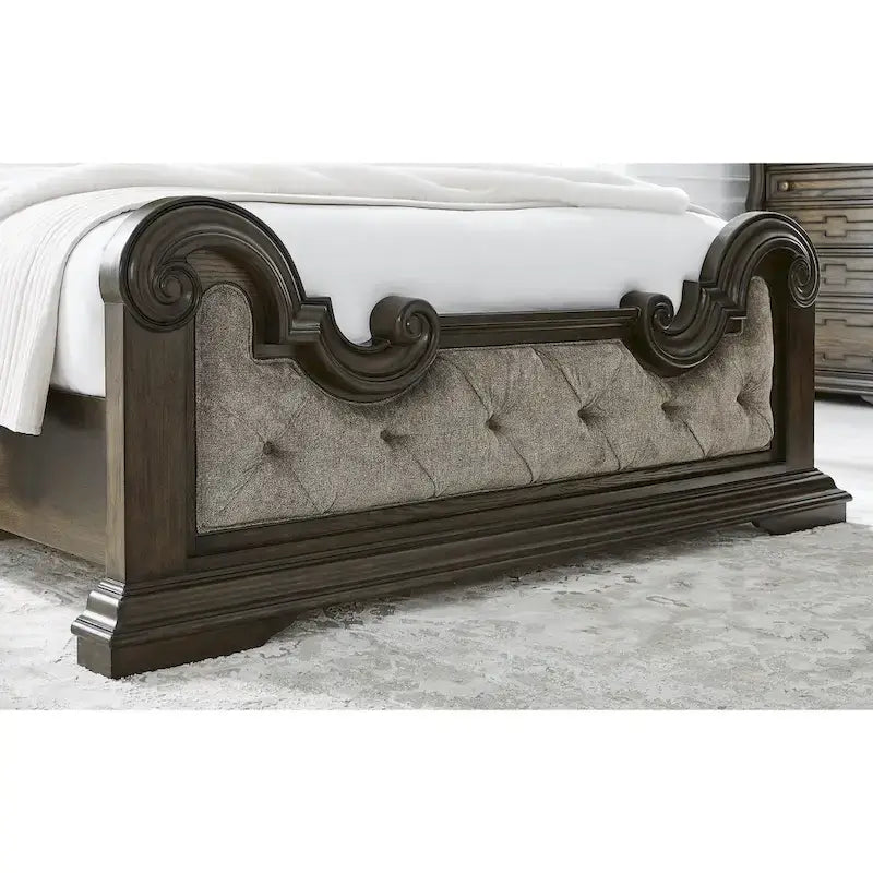 Cadre de lit capitonné orné en tissu, gris et marron foncé