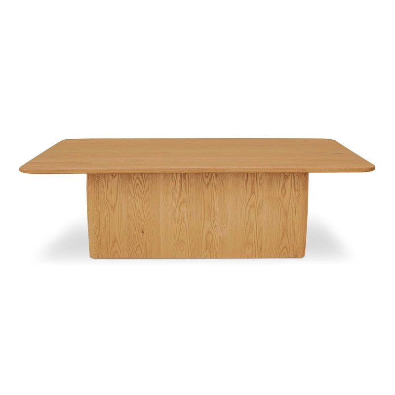 Table basse rectangulaire à piètement plinthe et angles arrondis en chêne rustique