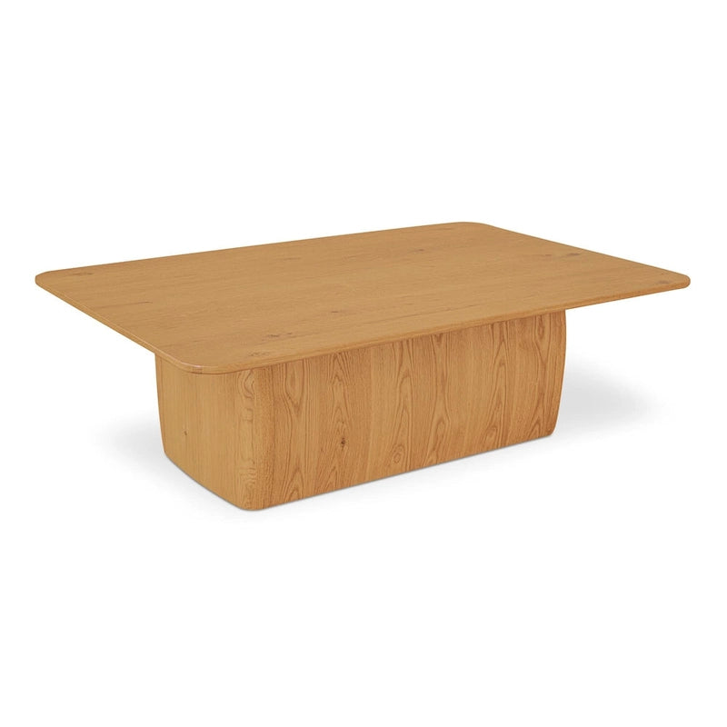 Table basse rectangulaire à piètement plinthe et angles arrondis en chêne rustique