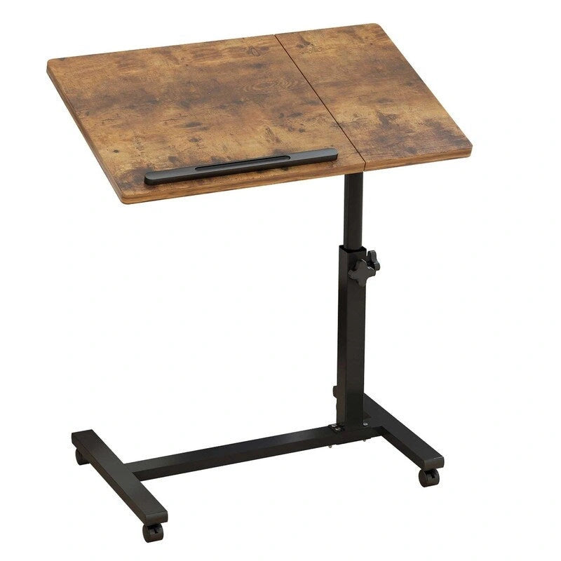 Table de lit roulante réglable en hauteur avec plateau inclinable, marron rustique