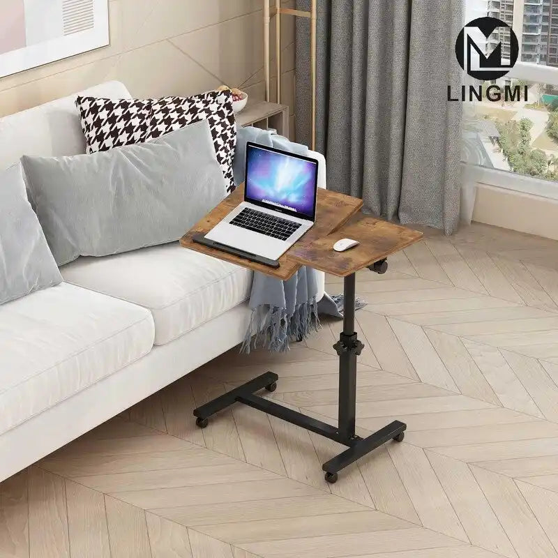 Table de lit roulante réglable en hauteur avec plateau inclinable, marron rustique