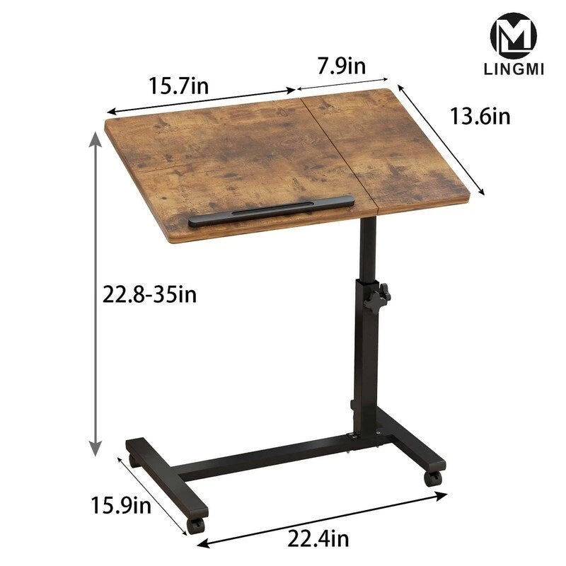 Table de lit roulante réglable en hauteur avec plateau inclinable, marron rustique