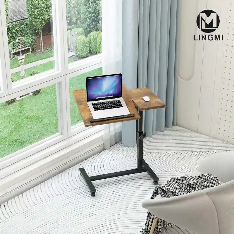 Table de lit roulante réglable en hauteur avec plateau inclinable, marron rustique