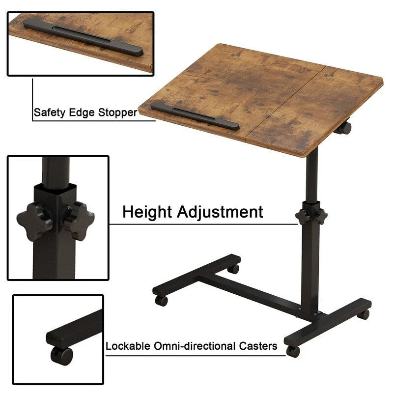 Table de lit roulante réglable en hauteur avec plateau inclinable, marron rustique
