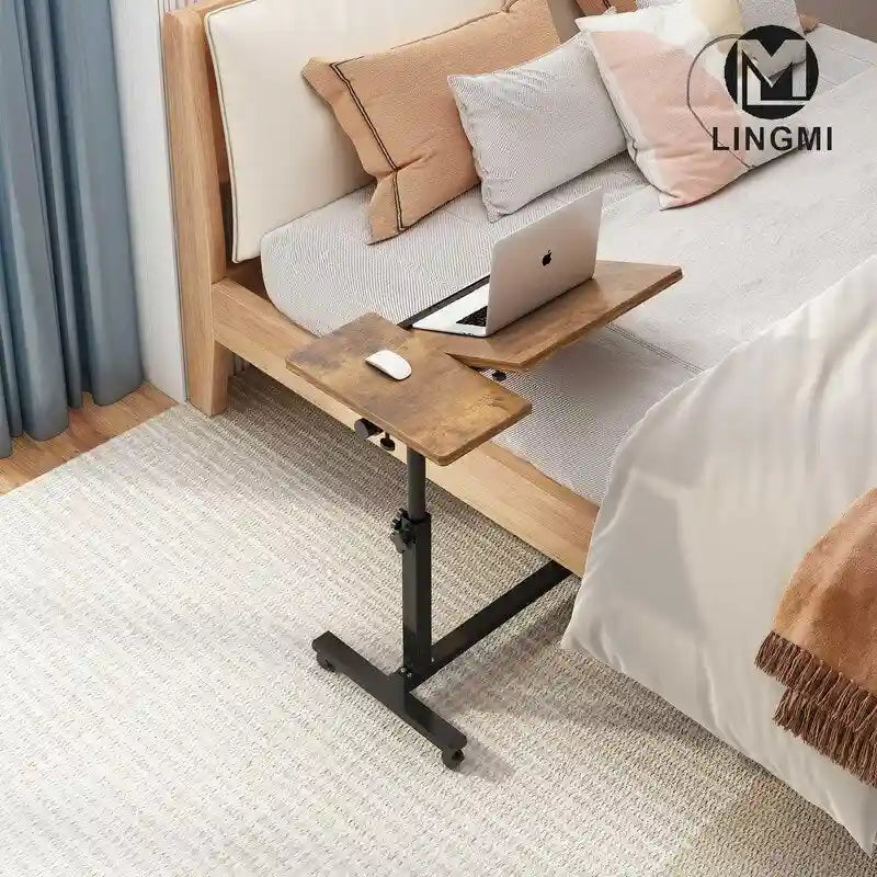 Table de lit roulante réglable en hauteur avec plateau inclinable, marron rustique