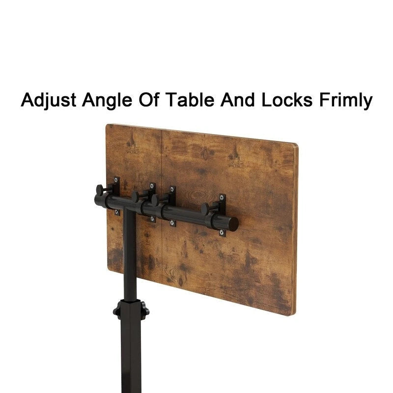 Table de lit roulante réglable en hauteur avec plateau inclinable, marron rustique