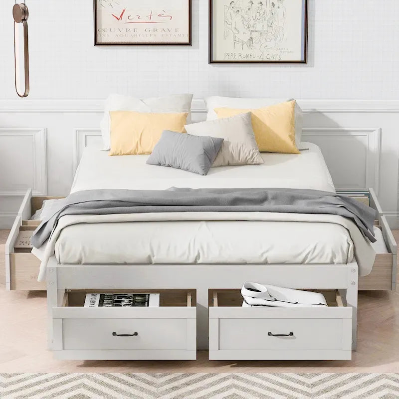 Lit plateforme avec 6 tiroirs de rangement, blanc antique, design de chambre moderne