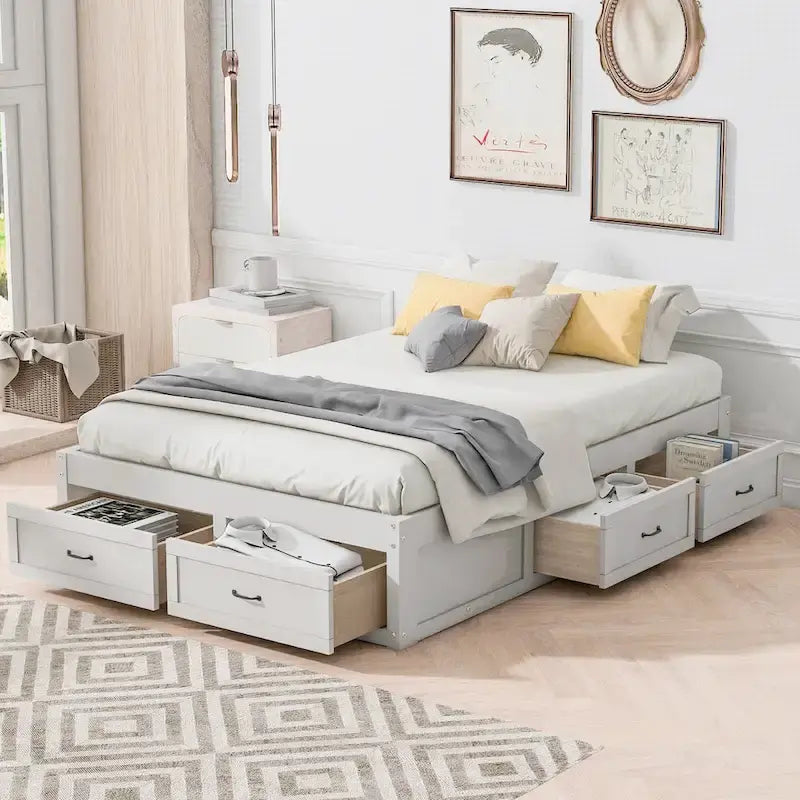 Lit plateforme avec 6 tiroirs de rangement, blanc antique, design de chambre moderne