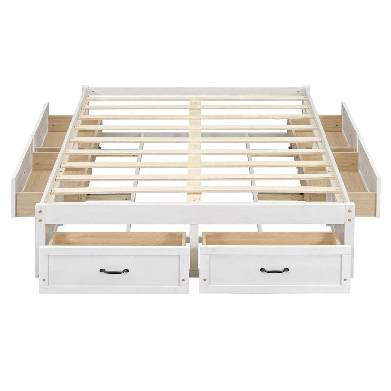 Lit plateforme avec 6 tiroirs de rangement, blanc antique, design de chambre moderne