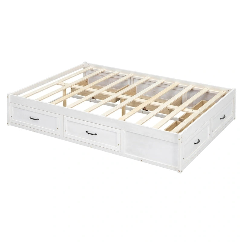 Lit plateforme avec 6 tiroirs de rangement, blanc antique, design de chambre moderne