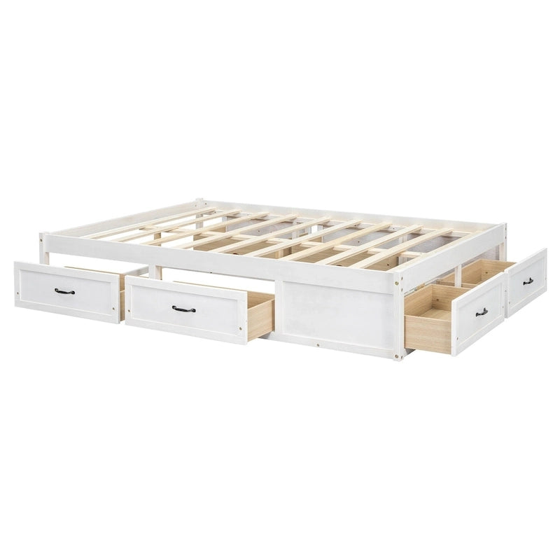 Lit plateforme avec 6 tiroirs de rangement, blanc antique, design de chambre moderne