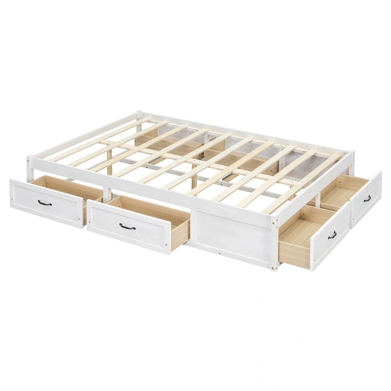 Lit plateforme avec 6 tiroirs de rangement, blanc antique, design de chambre moderne