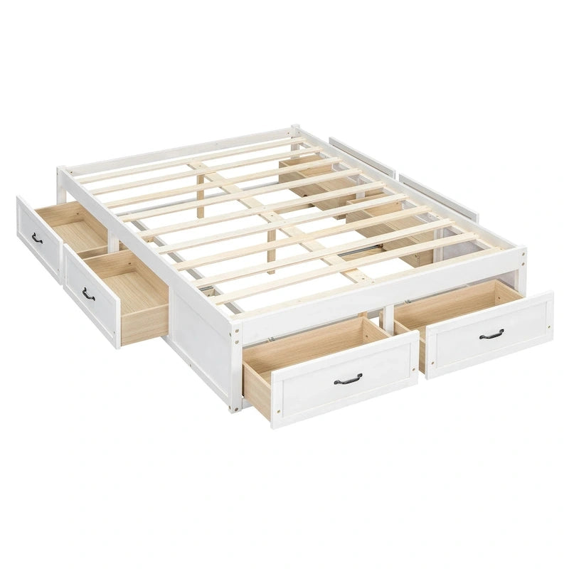 Lit plateforme avec 6 tiroirs de rangement, blanc antique, design de chambre moderne
