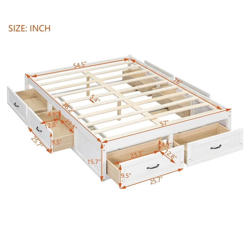 Lit plateforme avec 6 tiroirs de rangement, blanc antique, design de chambre moderne