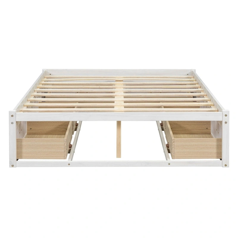 Lit plateforme avec 6 tiroirs de rangement, blanc antique, design de chambre moderne