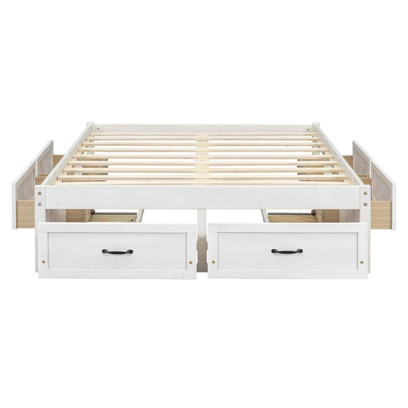 Lit plateforme avec 6 tiroirs de rangement, blanc antique, design de chambre moderne