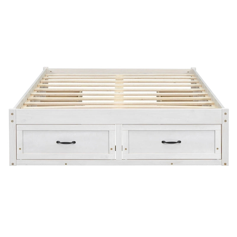 Lit plateforme avec 6 tiroirs de rangement, blanc antique, design de chambre moderne