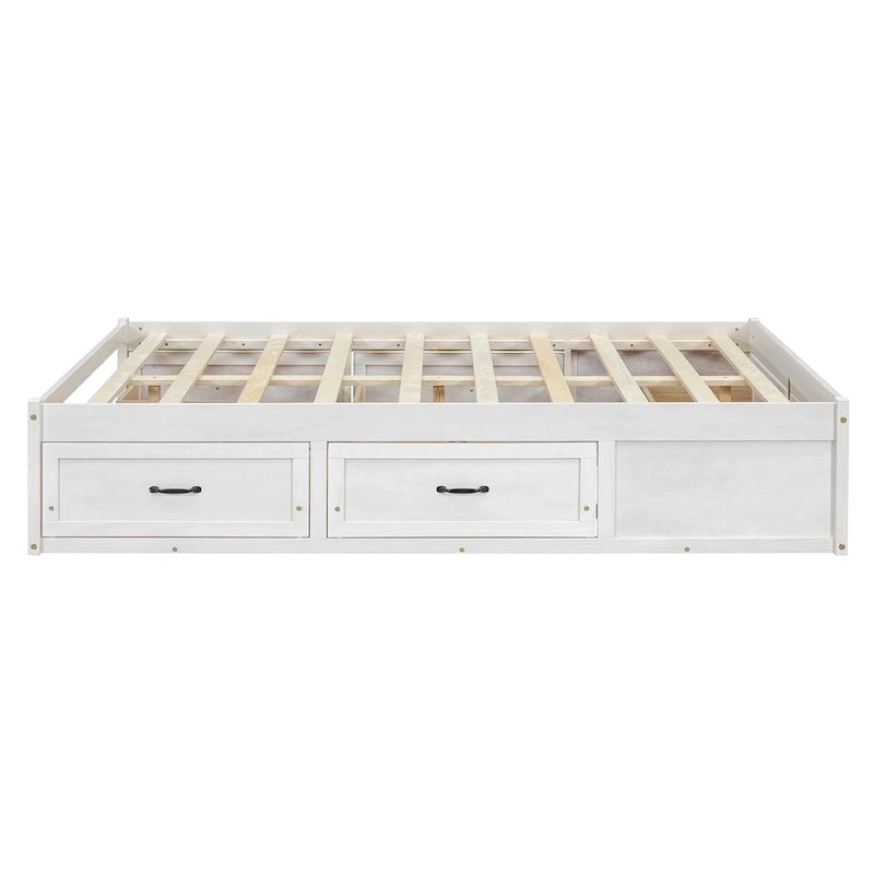 Lit plateforme avec 6 tiroirs de rangement, blanc antique, design de chambre moderne