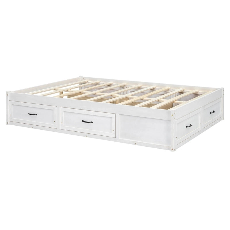 Lit plateforme avec 6 tiroirs de rangement, blanc antique, design de chambre moderne