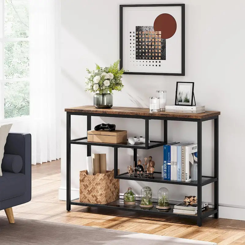 4-Tier Console Table with Storage Shelves Industrial Brown Black Metal Frame