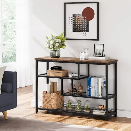 4-Tier Console Table with Storage Shelves Industrial Brown Black Metal Frame
