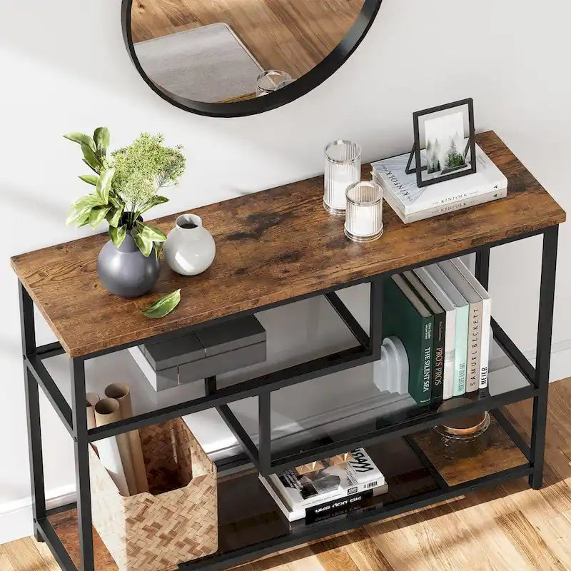 4-Tier Console Table with Storage Shelves Industrial Brown Black Metal Frame