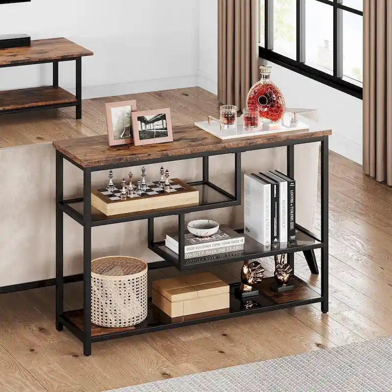 4-Tier Console Table with Storage Shelves Industrial Brown Black Metal Frame
