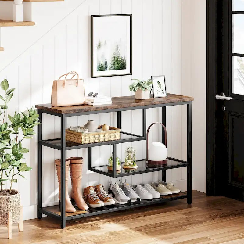 4-Tier Console Table with Storage Shelves Industrial Brown Black Metal Frame