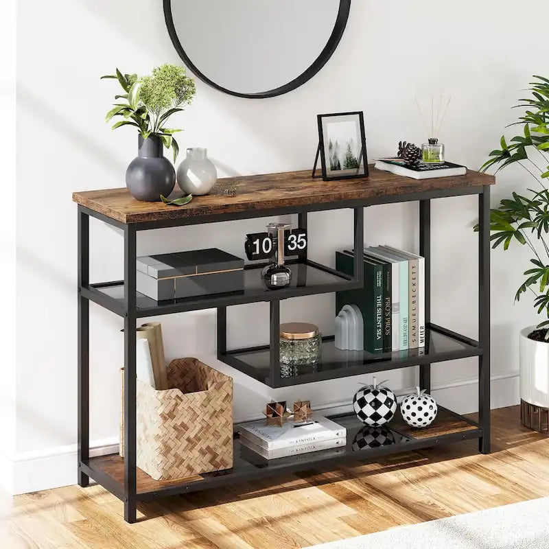 4-Tier Console Table with Storage Shelves Industrial Brown Black Metal Frame