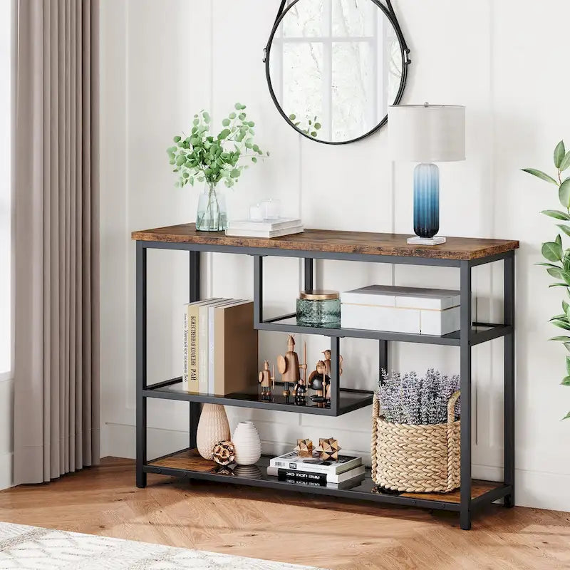4-Tier Console Table with Storage Shelves Industrial Brown Black Metal Frame