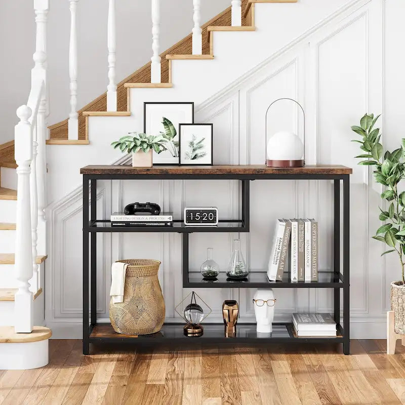 4-Tier Console Table with Storage Shelves Industrial Brown Black Metal Frame