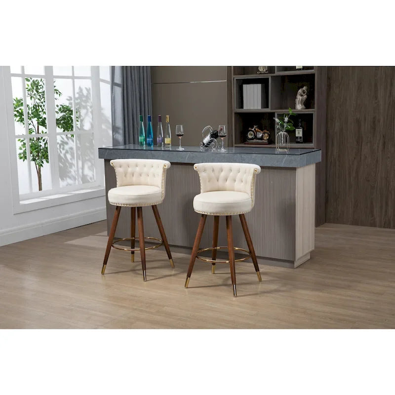Tabouret de bar pivotant rembourré capitonné vintage avec pieds en bois beige noir gris