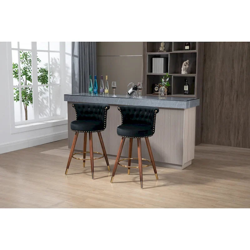 Tabouret de bar pivotant rembourré capitonné vintage avec pieds en bois beige noir gris