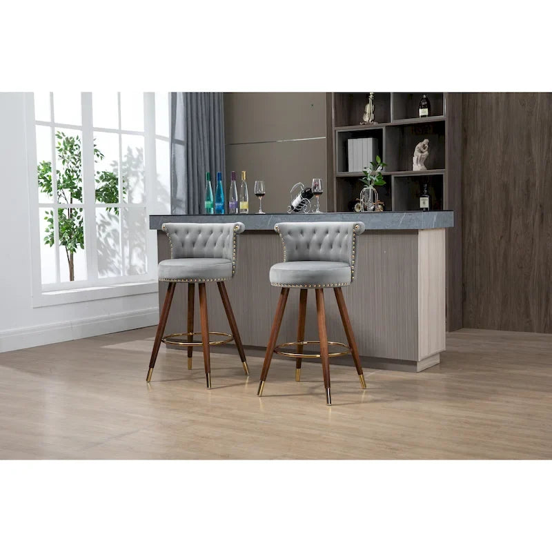 Tabouret de bar pivotant rembourré capitonné vintage avec pieds en bois beige noir gris