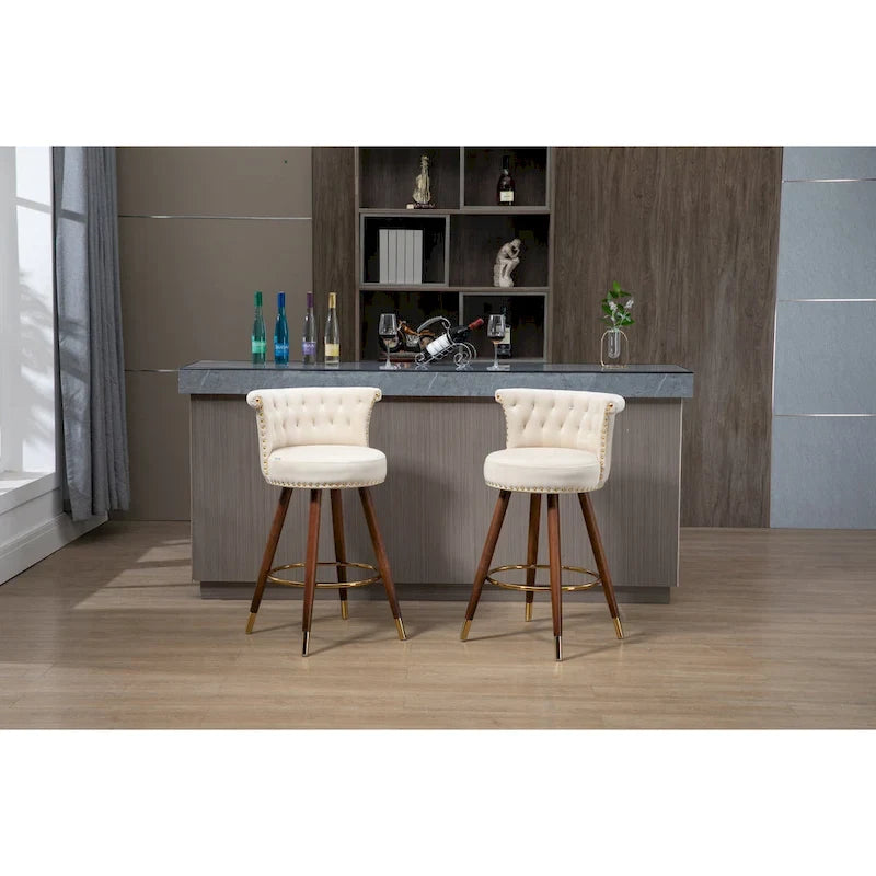 Tabouret de bar pivotant rembourré capitonné vintage avec pieds en bois beige noir gris