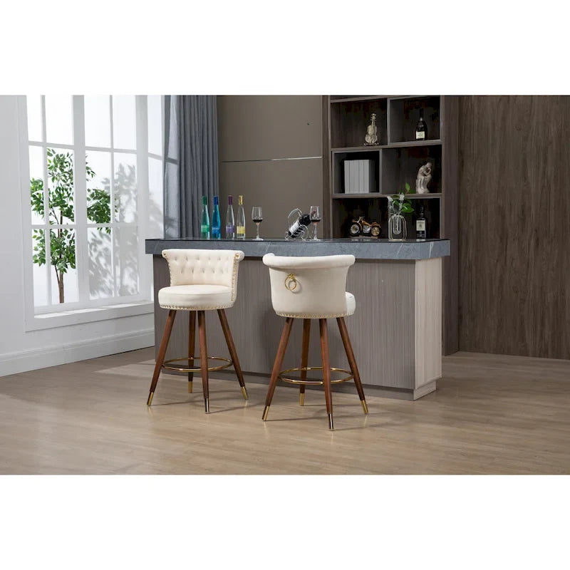 Tabouret de bar pivotant rembourré capitonné vintage avec pieds en bois beige noir gris