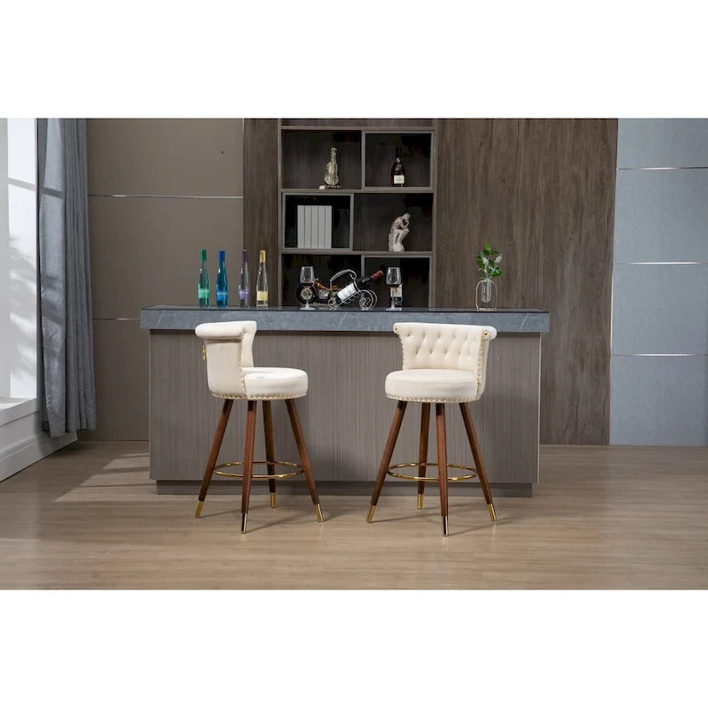 Tabouret de bar pivotant rembourré capitonné vintage avec pieds en bois beige noir gris