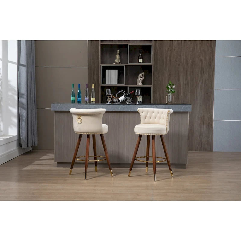 Tabouret de bar pivotant rembourré capitonné vintage avec pieds en bois beige noir gris