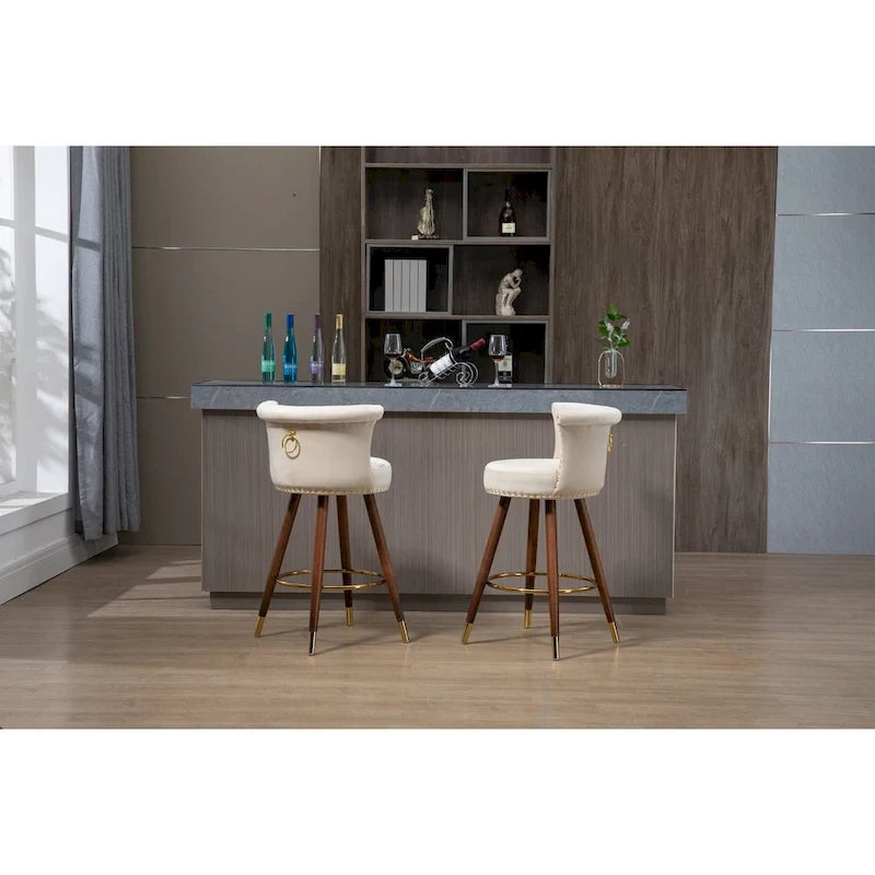 Tabouret de bar pivotant rembourré capitonné vintage avec pieds en bois beige noir gris