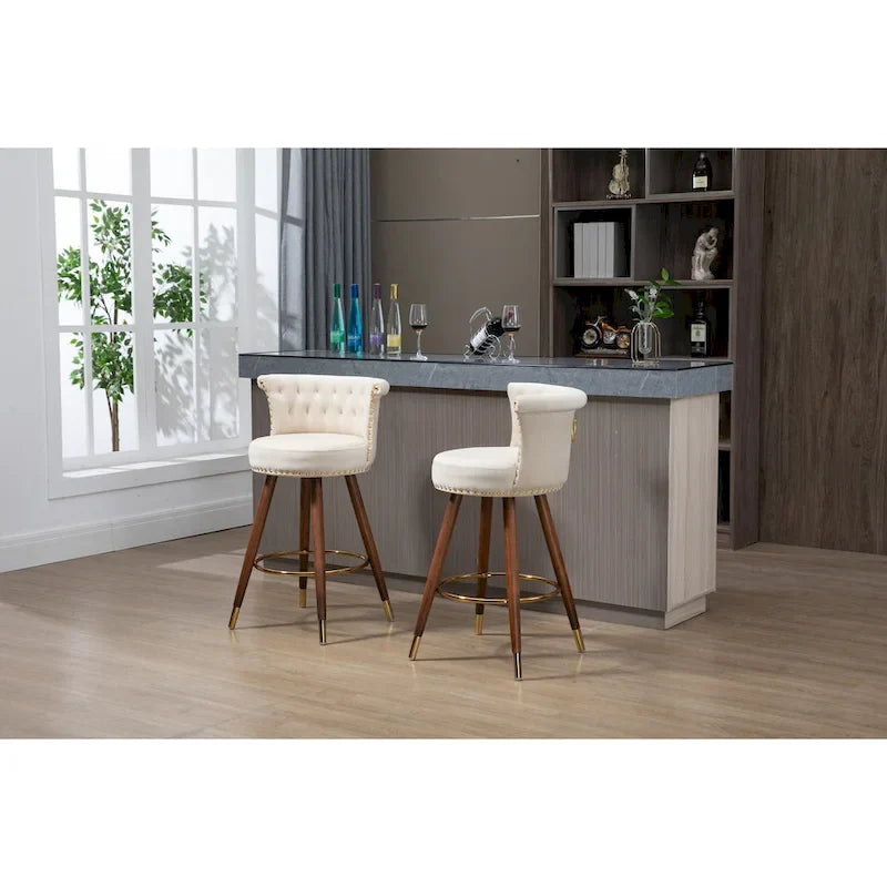 Tabouret de bar pivotant rembourré capitonné vintage avec pieds en bois beige noir gris