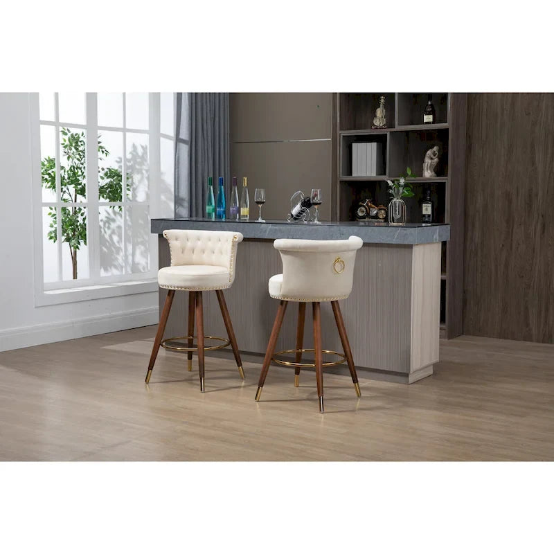 Tabouret de bar pivotant rembourré capitonné vintage avec pieds en bois beige noir gris