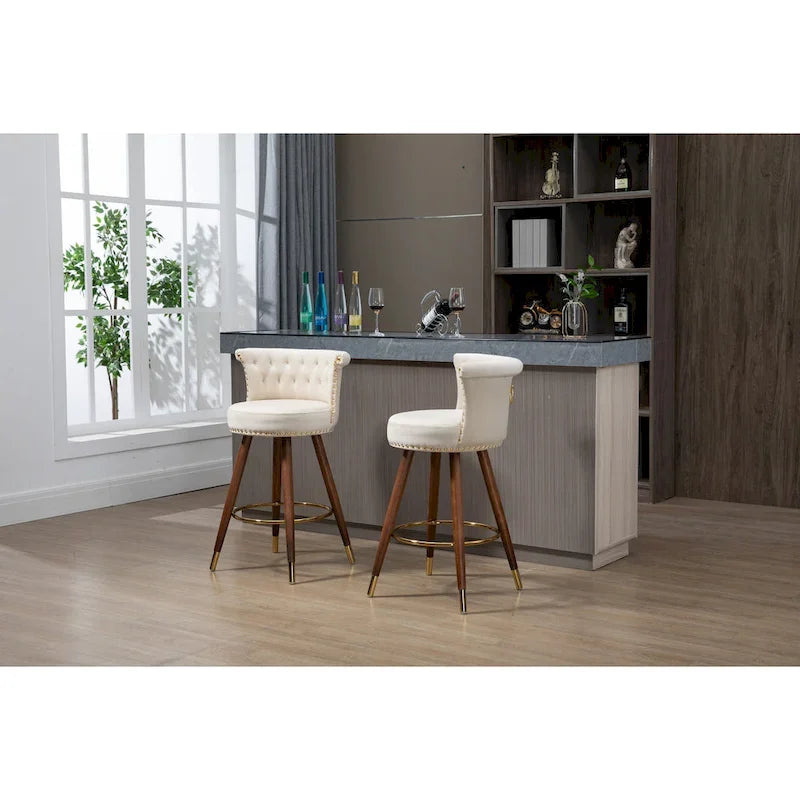 Tabouret de bar pivotant rembourré capitonné vintage avec pieds en bois beige noir gris