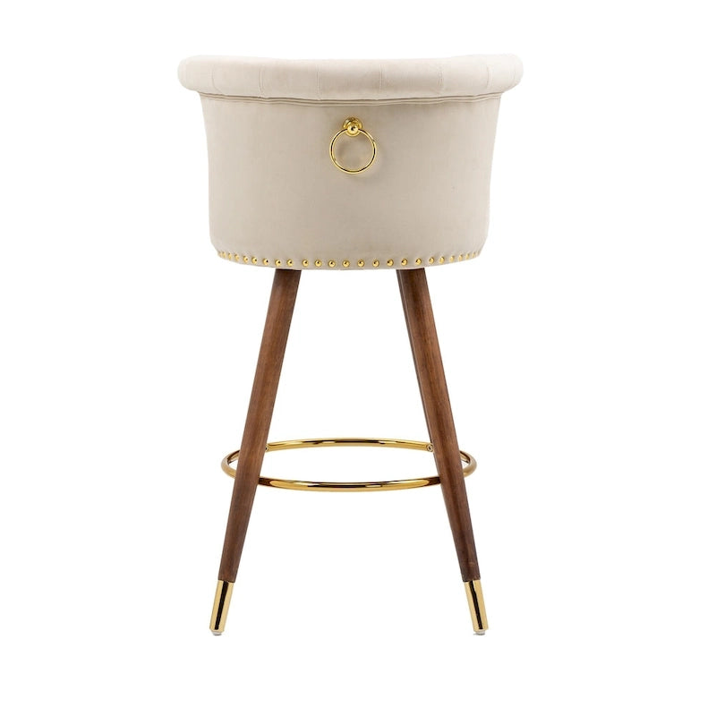Tabouret de bar pivotant rembourré capitonné vintage avec pieds en bois beige noir gris