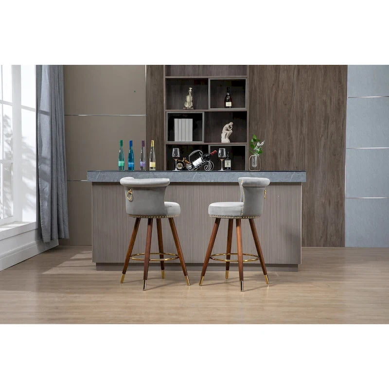 Tabouret de bar pivotant rembourré capitonné vintage avec pieds en bois beige noir gris