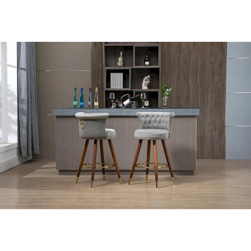Tabouret de bar pivotant rembourré capitonné vintage avec pieds en bois beige noir gris