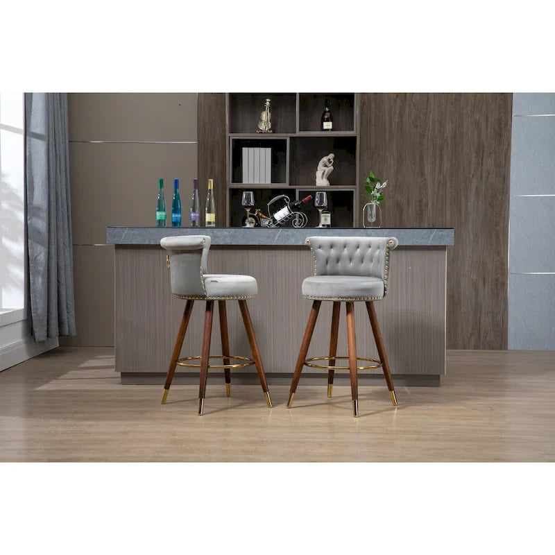 Tabouret de bar pivotant rembourré capitonné vintage avec pieds en bois beige noir gris