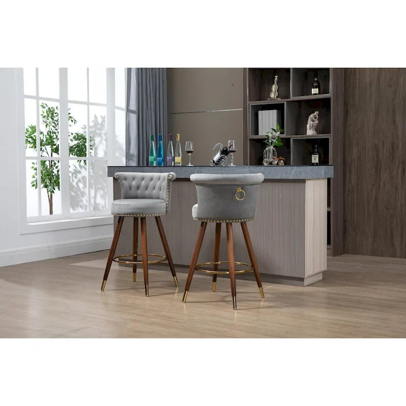 Tabouret de bar pivotant rembourré capitonné vintage avec pieds en bois beige noir gris