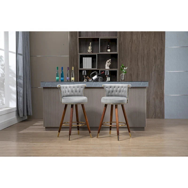 Tabouret de bar pivotant rembourré capitonné vintage avec pieds en bois beige noir gris