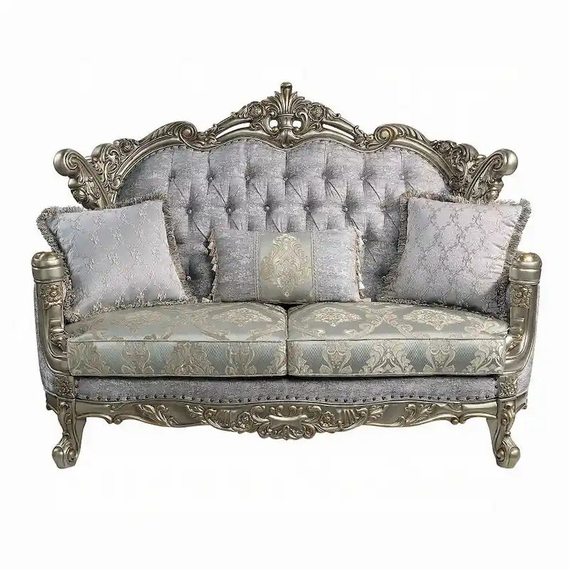 Causeuse Traditionnelle Capitonnée avec Tissu Jacquard Floral et Cadre en Bois Sculpté Bronze Antique