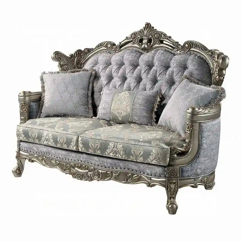 Causeuse Traditionnelle Capitonnée avec Tissu Jacquard Floral et Cadre en Bois Sculpté Bronze Antique
